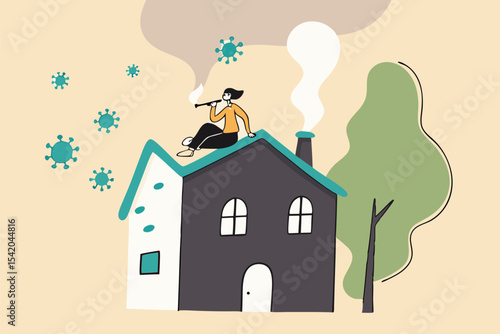 Social Distancing, stay at home in COVID-19 virus outbreak, employee work at home to prevent virus infection, young woman sit on house roof with cat using telescope spying COVID-19 virus pathogens