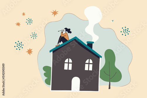 Social Distancing, stay at home in COVID-19 virus outbreak, employee work at home to prevent virus infection, young woman sit on house roof with cat using telescope spying COVID-19 virus pathogens