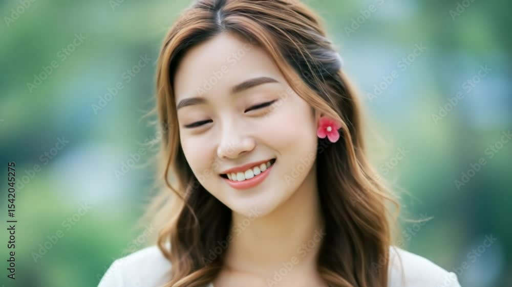Smiling woman with pink flower earring Smiling woman with pink flower earring