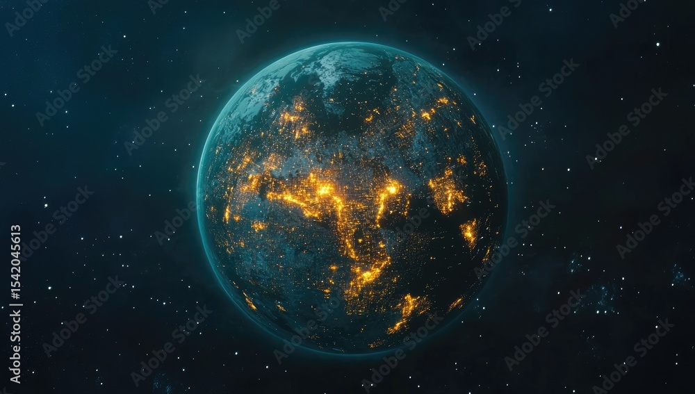 Fototapeta premium A stylized, glowing Earth against a starry backdrop. Visible landmasses are highlighted by bright, golden-yellow light, suggesting urban areas