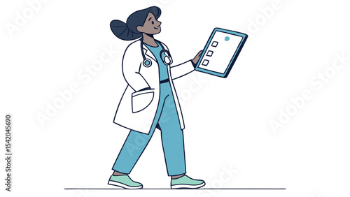 Female doctor in lab coat walking and holding a clipboard with checklist in her hand looking up ahead