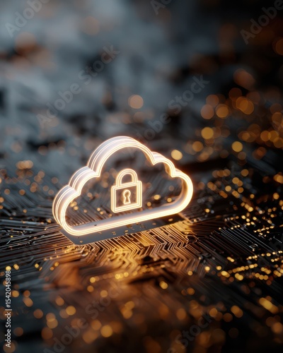 Cloud security symbol glowing in digital environment with abstract circuits and data encryption theme