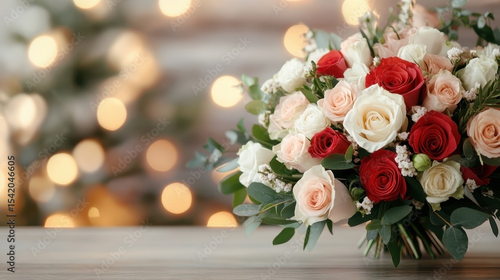 Obraz premium A beautiful bouquet of red, pink, and white roses sits elegantly against a backdrop of soft glowing lights, perfect for celebrating love and special occasions.