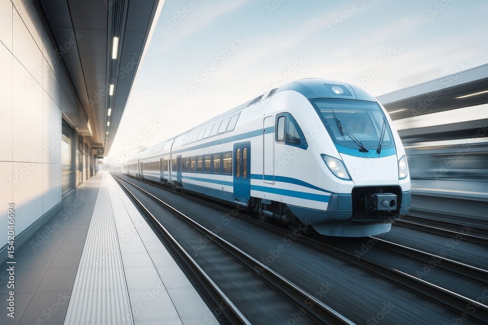 Naklejka premium High-speed modern train arriving at empty station platform in soft morning light, showcasing futuristic transport and motion blur effect. Ai generative.