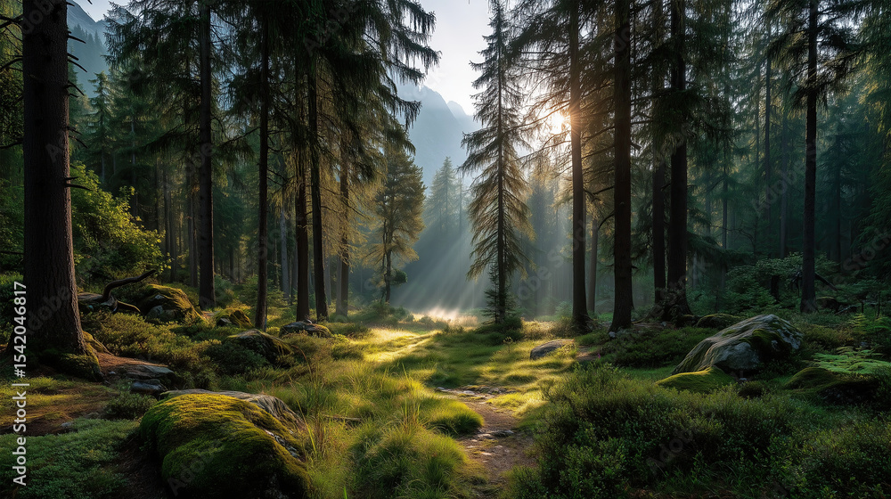 Fototapeta premium Sunlight filtering through trees in lush forest nature photography