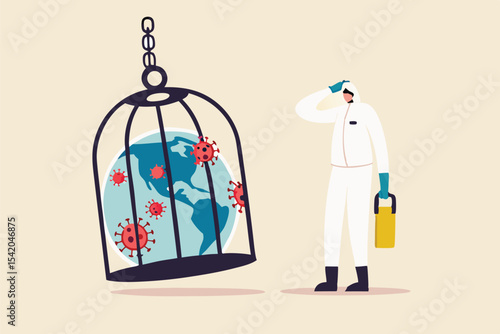 Coronavirus COVID-19 lockdown or quarantine, restricted access to country combat with COVID-19 virus outbreak, medical worker full protective gear with key after locked sick earth planet in cage