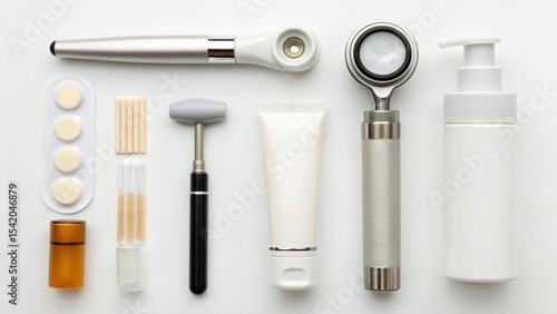 A neatly arranged set of skincare and dermatology tools and products on a white background.