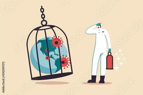 Coronavirus COVID-19 lockdown or quarantine, restricted access to country combat with COVID-19 virus outbreak, medical worker full protective gear with key after locked sick earth planet in cage