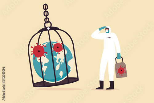 Coronavirus COVID-19 lockdown or quarantine, restricted access to country combat with COVID-19 virus outbreak, medical worker full protective gear with key after locked sick earth planet in cage