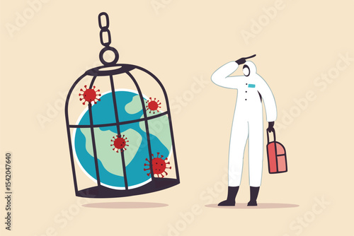 Coronavirus COVID-19 lockdown or quarantine, restricted access to country combat with COVID-19 virus outbreak, medical worker full protective gear with key after locked sick earth planet in cage