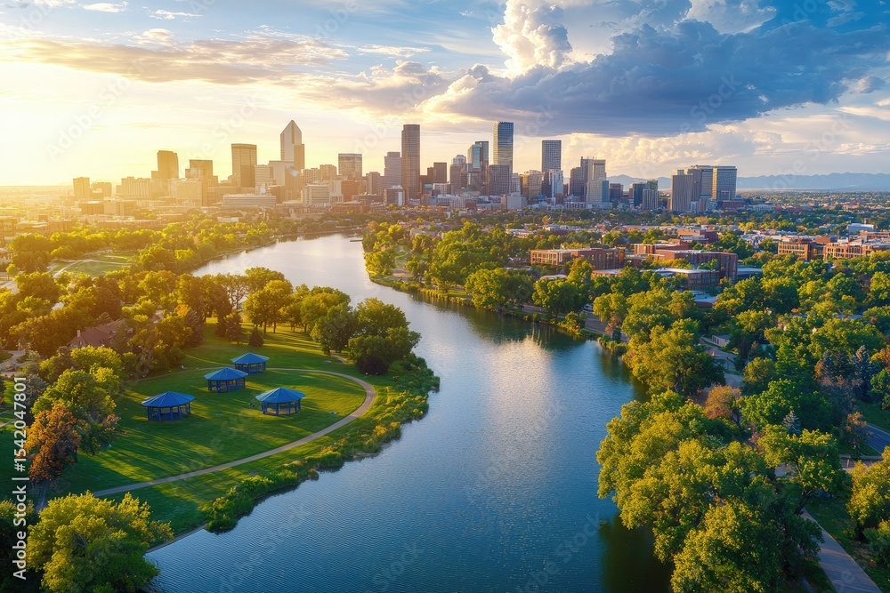 Obraz premium Panoramic view of a city by a river at sunrise.