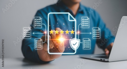 Businessman holding standard quality control certification assurance guarantee for automation process. Quality management with Quality Assurance, Quality Control, Standardization, certified