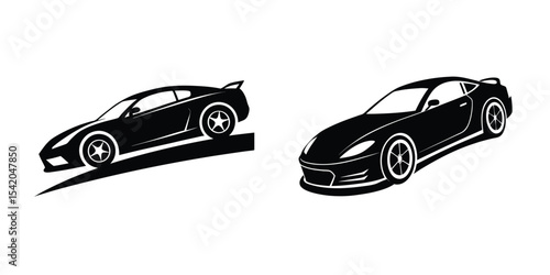 Simple portrayal of a fast sports car gliding along highway Silhouette on White Background
