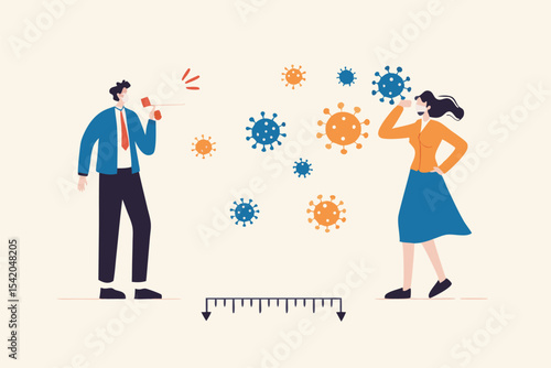 Social distancing, keep distance in public society people to protect from COVID-19 coronavirus outbreak spreading concept, businessman and woman keep distance away in the meeting with virus pathogens