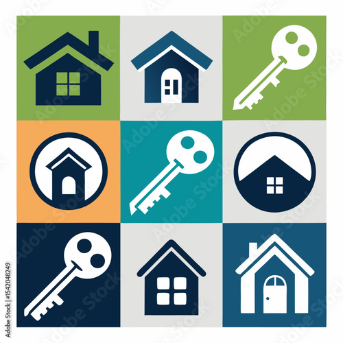 Real Estate Logo with Key and House Symbol on White Background, Property Business Branding, Home Ownership Identity, Modern Construction and Housing Vector Design
