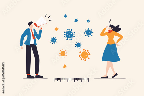 Social distancing, keep distance in public society people to protect from COVID-19 coronavirus outbreak spreading concept, businessman and woman keep distance away in the meeting with virus pathogens