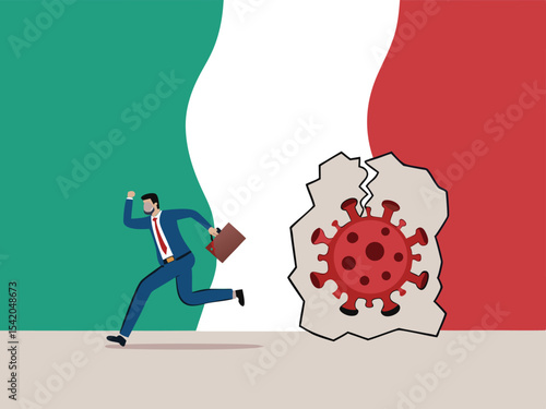 Virus disease outbreak protection failure, COVID-19 virus destroy and break the wall into Italy concept, wrecking ball as COVID-19 pathogen destroy and demolish Italy flag wall, business man run away.