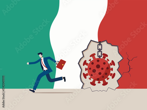 Virus disease outbreak protection failure, COVID-19 virus destroy and break the wall into Italy concept, wrecking ball as COVID-19 pathogen destroy and demolish Italy flag wall, business man run away.