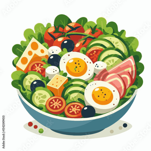 A vibrant salad in a blue bowl lettuce tomatoes cheese eggs olives cucumbers and ham