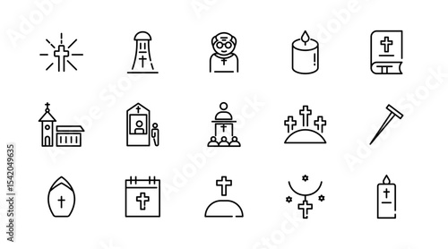 Christian religion linear icon set. Jesus, catholic, cross, spirituality, Christianity, church, bible, priest, Christmas, easter, prayer, baptism, outline vector icon set. UI thin line icon pack.