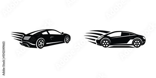 Creative portrayal of a refined sports car zooming past viewer Silhouette on White Background
