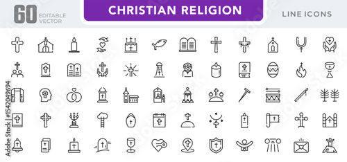 Christian religion linear icon set. Jesus, catholic, cross, spirituality, Christianity, church, bible, priest, Christmas, easter, prayer, baptism, outline vector icon set. UI thin line icon pack.
