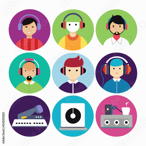 DJ Playing Music Icon on White Background, Disc Jockey Entertainment, Party Music, Audio Mixing, Nightclub Performance, Sound Equipment, Vector Illustration
