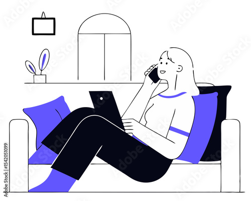 Young Woman Talking on Smartphone - Relaxed Sofa Conversation Vector Illustration