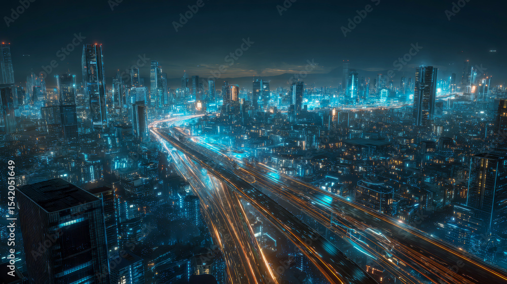 Glowing roads weave through a thriving future city filled with towering skyscrapers and autonomous flying cars illuminating the night. The vibrant skyline reflects a digital age of innovation Glowing roads weave through a thriving future city filled with towering skyscrapers and autonomous flying cars illuminating the night. The vibrant skyline reflects a digital age of innovation