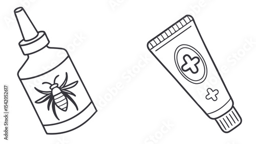 Illustration of a bottle with a bug on it and a tube with plus signs for medical use remedy aid