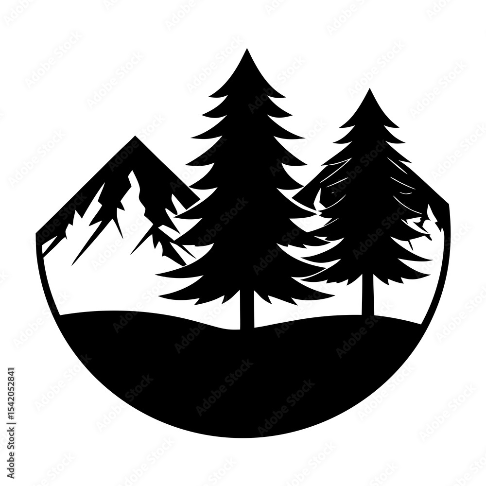 Obraz premium Mountain and tree scene logo icon illustration for forest view and travel adventure