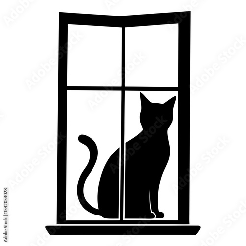 Cat sitting on window sill logo icon illustration for calm pet and cozy indoor scene