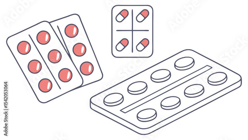 Illustration of several blister packs containing pills and capsules in a white background scene view
