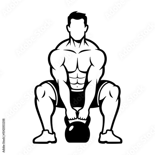 Strong man lifting a kettlebell  gym training monochrome clip art illustration