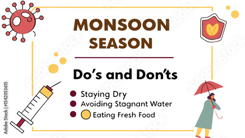 Illustration depicting monsoon season do's and don'ts with virus, umbrella, and health related icons around