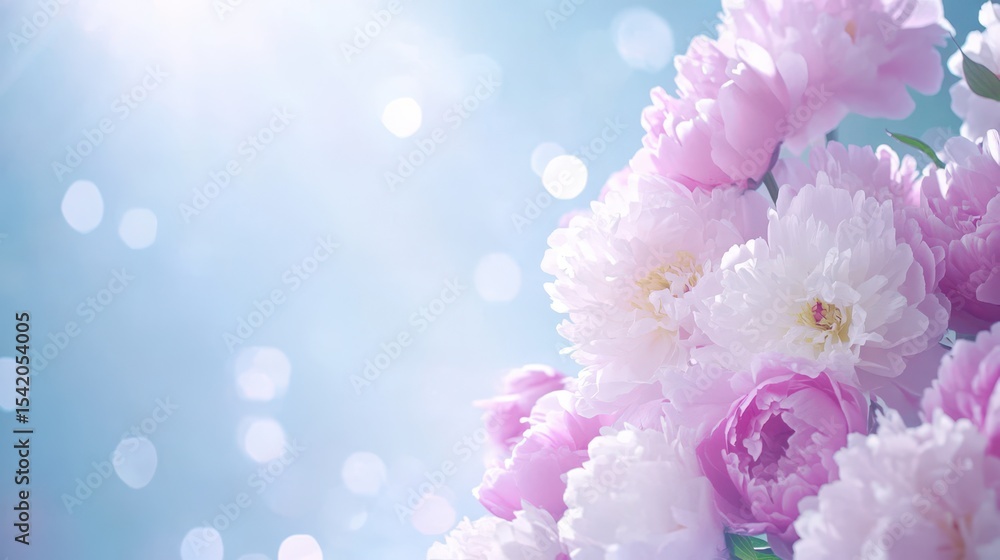 Fototapeta premium Blossoms in Soft Light: A delicate array of pink and white flowers basks in a gentle, sun-kissed ambiance, creating a captivating image of purity and serenity.