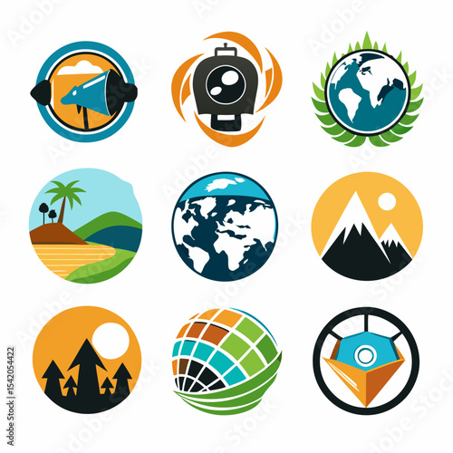 Travel photography logo with globe isolated on white background, modern illustration representing travel, tourism, adventure, global exploration, professional photography, and branding.