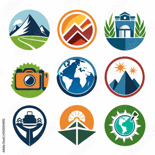 Travel photography logo with globe isolated on white background, modern illustration representing travel, tourism, adventure, global exploration, professional photography, and branding.