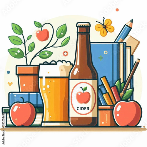 An artful flat illustration of cider bottle apple plant books  school supplies
