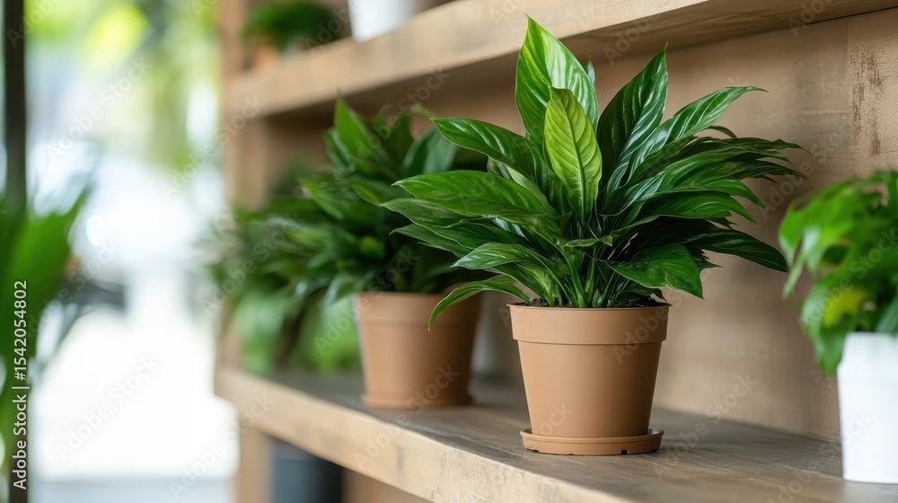 Fototapeta premium A serene display of lush green potted plants arranged on a warm wooden shelf, bringing a touch of nature and tranquility into an indoor space.
