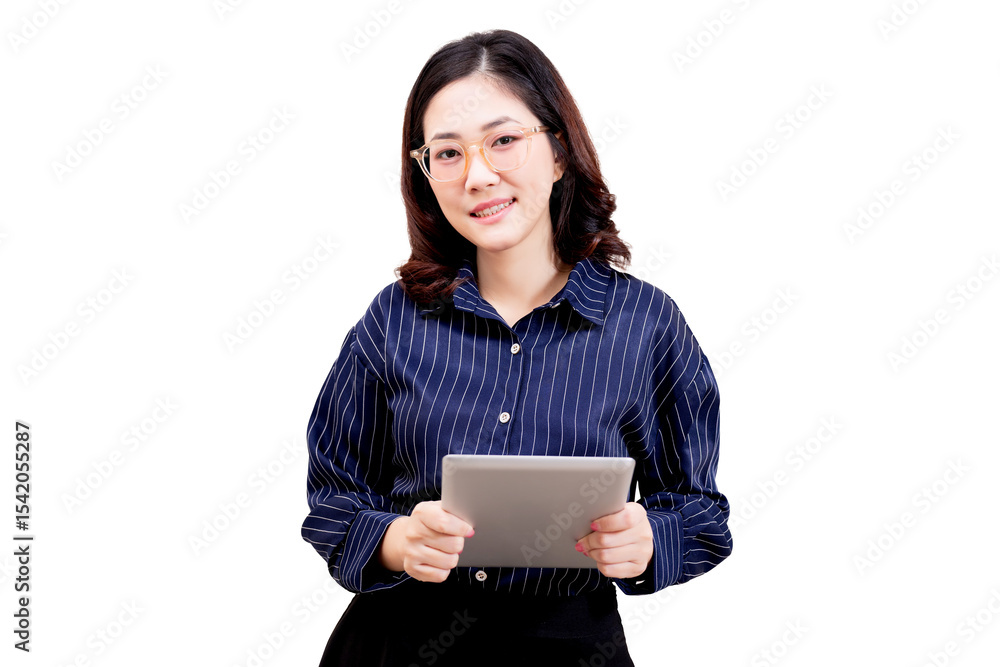 Asian young beautiful woman with glasses holding a tablet, wearing a striped shirt, smiling and looking at the camera. Asian young beautiful woman with glasses holding a tablet, wearing a striped shirt, smiling and looking at the camera.