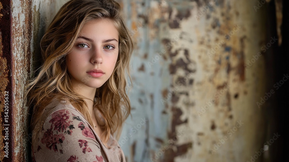 Fototapeta premium A young woman with long, wavy blonde hair leaning against a weathered, peeling wall with a textured, aged surface.
