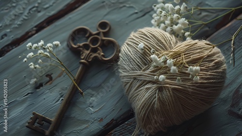 Vintage key and ball of yarn with small white flowers on a rustic wooden surface.