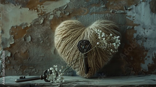 A heart-shaped ball of yarn with a vintage key and delicate flowers.