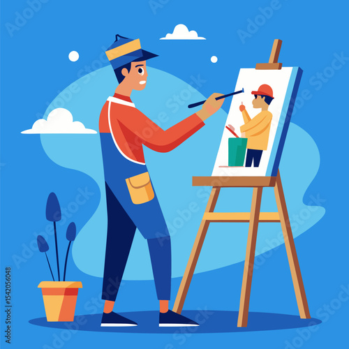 Painter drawing on easel isolated on white background, realistic illustration representing art, creativity, painting, artistic work, studio activity, and visual expression.
