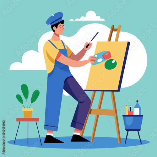 Painter drawing on easel isolated on white background, realistic illustration representing art, creativity, painting, artistic work, studio activity, and visual expression.
