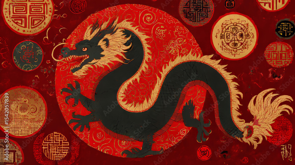 Obraz premium 2024 Year of the Dragon. Chinese words on top left golden stamps means 