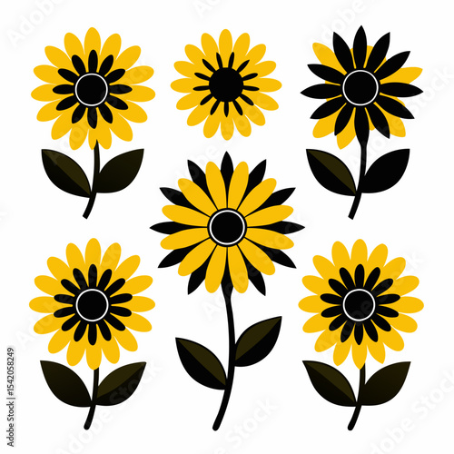 Black-Eyed Susan Flower Icon Set with Six Isolated Variations on a White Background, Illustrating Nature, Botany, and Floral Design.