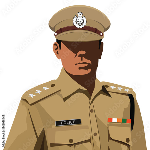 Indian police officer, serious expression, facing camera. Wears light beige uniform with cap, badge, shoulder stars, and "POLICE" name tag. Clean flat design, mid-center composition