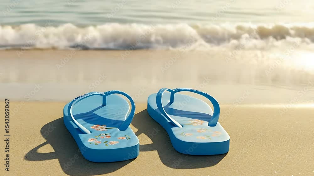 Blue Flip Flops on Sandy Beach with Ocean Waves Summer Vacation Relaxation Blue Flip Flops on Sandy Beach with Ocean Waves Summer Vacation Relaxation